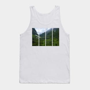 Wonderful landscapes in Norway. Vestland. Beautiful scenery of Urasetra and surroundings. Cows, lake, road and snowed mountain. Paradise and heaven. Cloudy day Tank Top